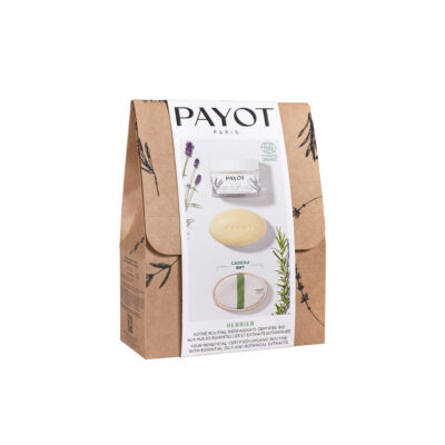 Payot Gamme Herbier : coffret promotionnel avec la Crème Universelle Visage à l'huile essentielle de lavande et la barre de massage. Le gant Loofah offert